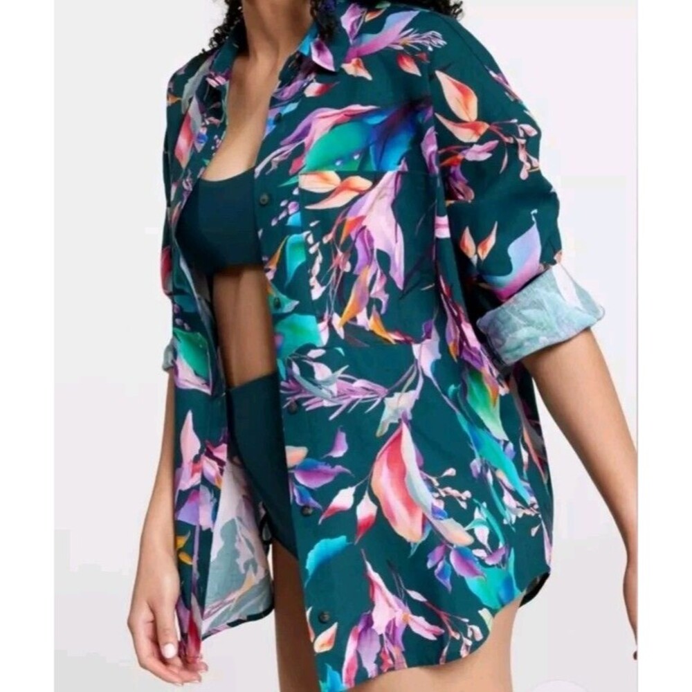 CALIA Women's Oversized Linen Blend Cover Up Long Sleeve Button Aqua Floral XS